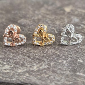 Heart Bow CZ Gem Marquise Internally Threaded Steel Flat Back Stud Cartilage Helix Conch Labret Monroe Bar 16g