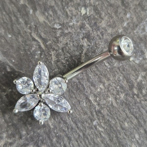 Clear Gem Flower Marquise Belly Bar Navel Barbell Titanium Brass 14g
