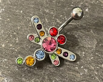Cute Rainbow Colourful Gem Dragonfly Belly Bar Navel Barbell 14g
