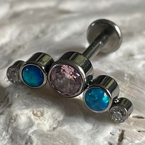 Implant Grade Titanium Internally Thread Simulated Opal Gem Crescent Tragus Helix Conch Cartilage Earring Bar Stud Flat Back Pink Clear Blue