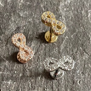 16g Gem Infinity Bow Tragus Cartilage Earring Bar Stud Rose Gold Silver Gold Internally Threaded