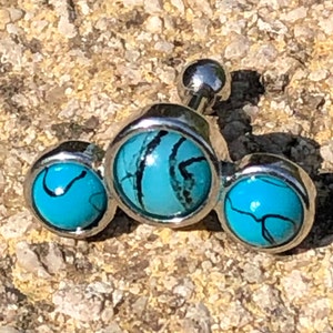 16g Surgical Steel Triple Turquoise Stone Inset Tragus Earring Stud Helix Conch Piercing Bar