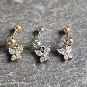 Beautiful Gem Butterfly Dangle Cartilage Helix Tragus Stud Gold Silver Rose 16g