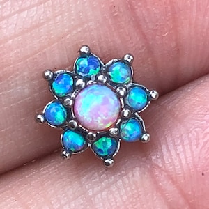 Blue Pink Fire Opal Flower Dermal Anchor Labret Top Conch Cartilage Helix Head Internal Thread