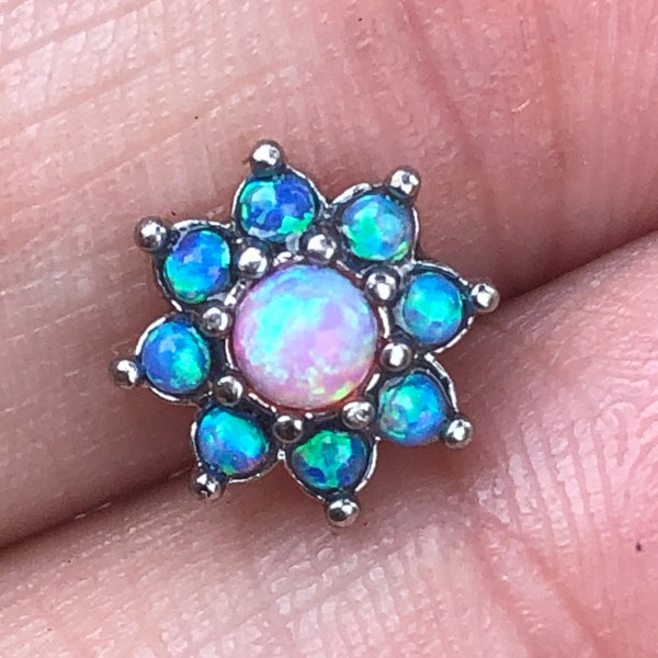 Blue Pink Fire Opal Flower Dermal Anchor Labret Top Conch Cartilage Helix Head Internal Thread