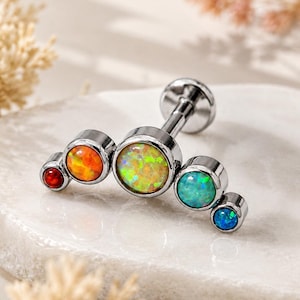 Rainbow Fire Opal Stud Earring Titanium Flat Back Piercing Arc Crescent Conch 16g 18g
