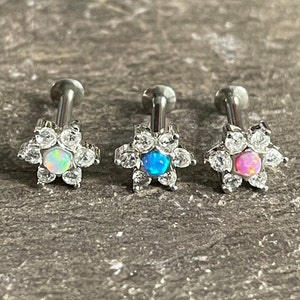 Internally Threaded Opal & CZ Gem Star Flower Cluster Tragus Conch Cartilage Helix Philtrum Stud Bar