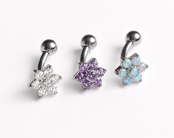 Gem Flower Curved Barbell Eyebrow Daith Rook Piercing Titanium 16g Purple Rainbow