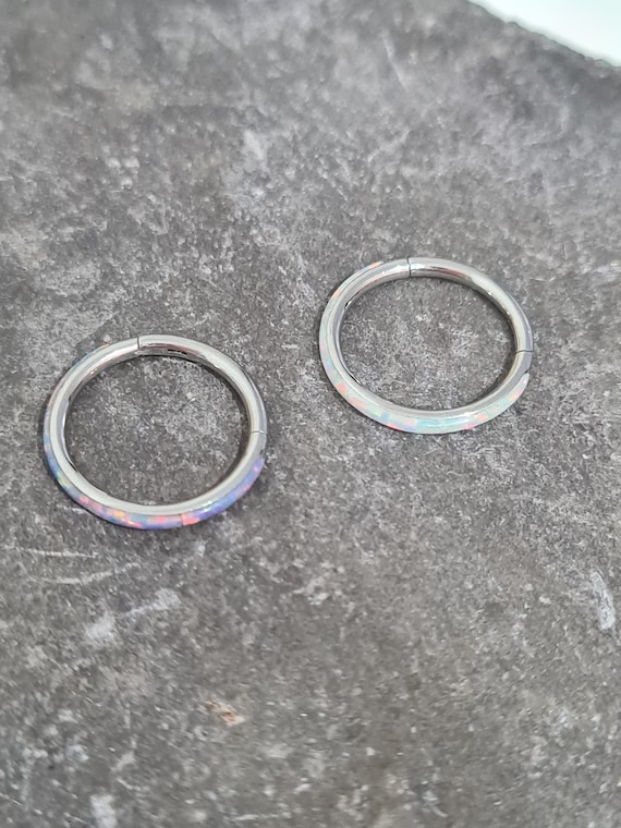 Implant Grade Titanium Pink Opal Inlay Septum Daith Clicker Hinged Hoop Ring Implant Grade Titanium Pink Opal Inlay Septum Daith Clicker Hinged Hoop Ring