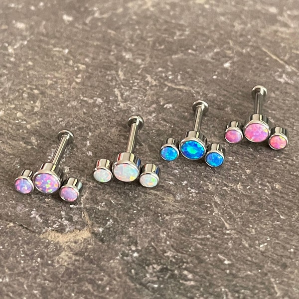 Implant Grade Titanium Threadless Triple Opal Crescent Flat Back Stud Helix conch Tragus Cartilage Bar Hypoallergenic