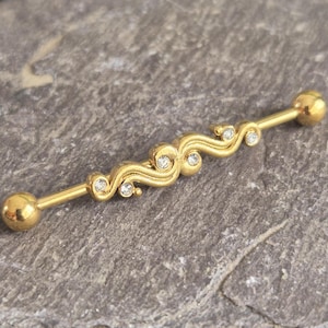 Industrial Barbell Scaffold Ear Piercing Bar Wavy with CZ Gem Design 38mm