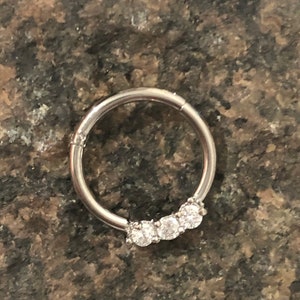 16g Hinged Segment Ring Seamless Daith Cartilage Hoop Septum Clicker with Cubic Zirconia Triple Gem