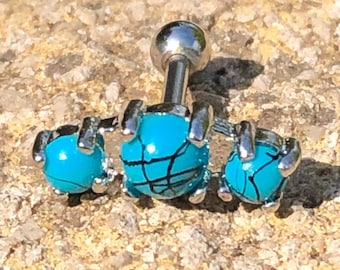 16g Surgical Steel Triple Turquoise Stone Claw Tragus Earring Stud Helix Conch Piercing Bar