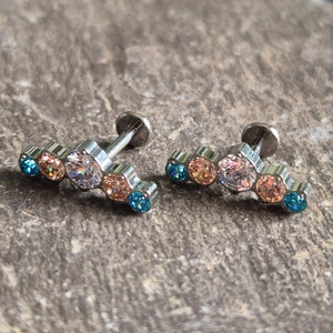 Gem Crescent Tragus Helix Conch Cartilage Earring Titanium Internally Thread  Bar Stud Flat Back 16g Aqua Clear Champagne
