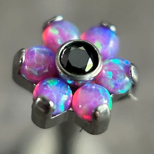 Pink Opal Flower Stud Black CZ Gem Internally thread Tragus Helix Conch Philtrum Labret Titanium Hypoallergenic 16g
