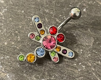 Cute Rainbow Colourful Gem Dragonfly Belly Bar Navel Barbell 14g