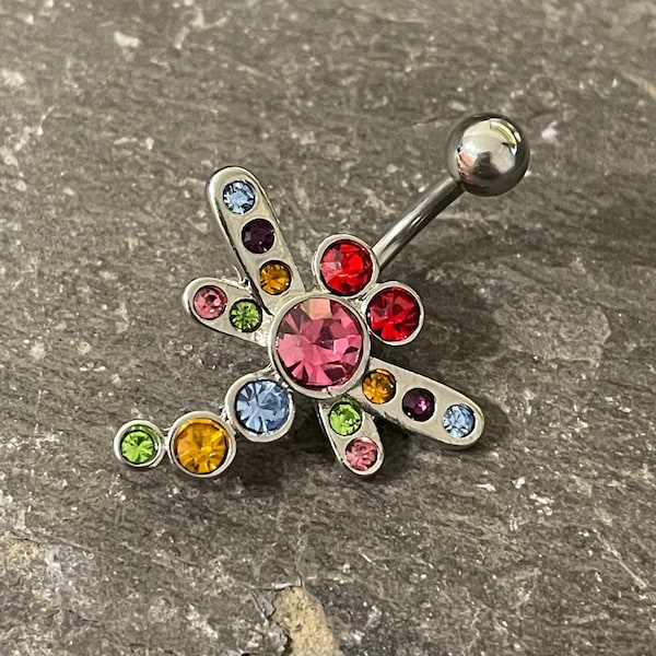 Cute Rainbow Colourful Gem Dragonfly Belly Bar Navel Barbell 14g