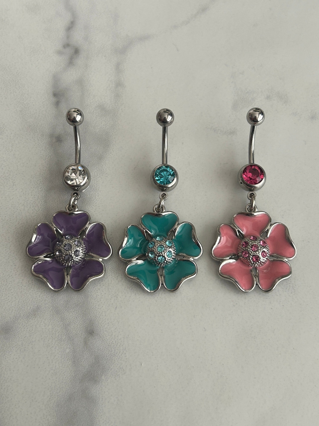 Novelty Dangly Flower Gem Belly Bar Navel Piercing Barbell Purple Pink