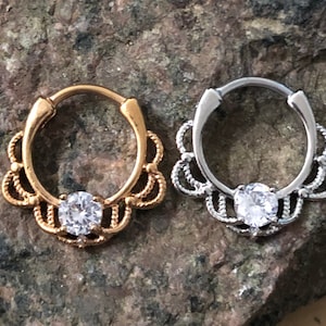 Lacey Filigree Design Cubic Zirconia Septum Clicker Nose Hoop Ring Silver Rose Gold 16g