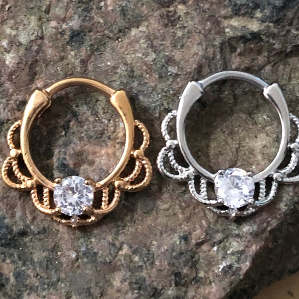Lacey Filigree Design Cubic Zirconia Septum Clicker Nose Hoop Ring Silver Rose Gold 16g