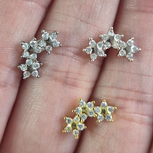 Triple Star Gem Tragus Bar Cartilage Earring Stud Rose Gold Silver Gold Internally Threaded 16g