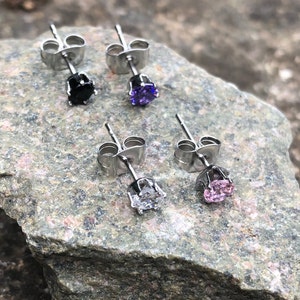 Round Cubic Zirconia Gem Pair of Earring Studs Purple Pink Black Clear Steel