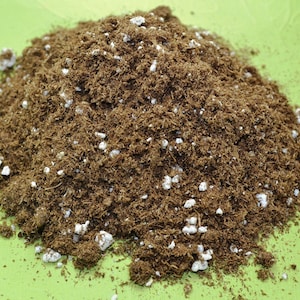 May include: A close-up of a brown potting mix with white perlite. The mix is piled on a green surface.