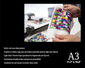 20 Sheets A3 Light Fabric Inkjet Heat Transfer Paper 12x16.5 - Cotton only Fabric