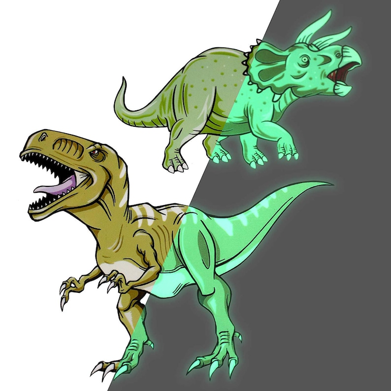 K&ouml;nnte beinhalten: Ein gr&uuml;ner und brauner Tyrannosaurus Rex Dinosaurier und ein gr&uuml;ner Triceratops Dinosaurier. Die Dinosaurier sind in verschiedene Richtungen ausgerichtet. Der Tyrannosaurus Rex ist links und der Triceratops ist rechts. Die Dinosaurier sind in einem leuchtenden Gr&uuml;n umrandet.
