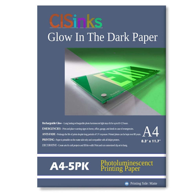 K&ouml;nnte beinhalten: Eine Packung mit f&uuml;nf Bl&auml;ttern photolumineszierendem Druckpapier im Format 8,3 x 11,7 Zoll. Das Papier ist matt und leuchtet bis zu 12 Stunden im Dunkeln. Es ist ideal f&uuml;r die Herstellung von Schildern, Bastelarbeiten und Dekorationsprojekten.