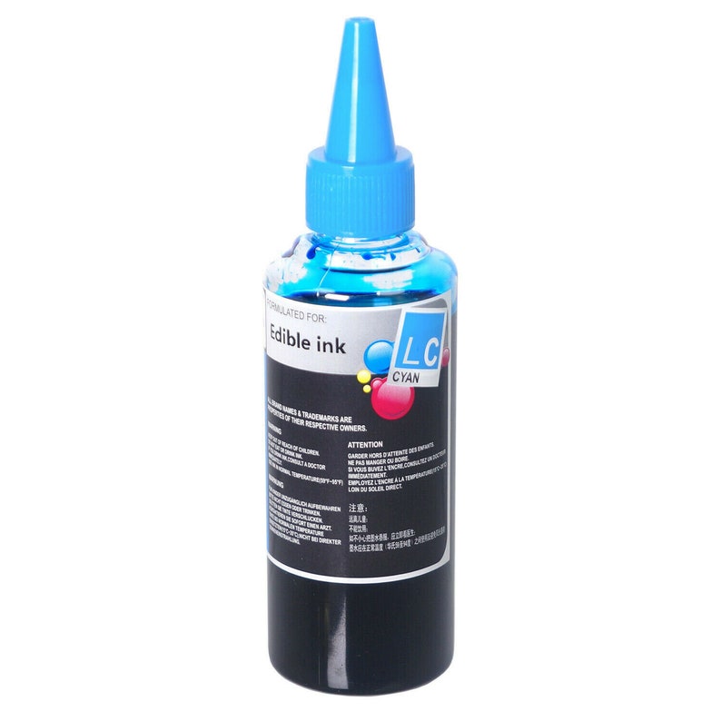May include: A blue bottle of edible cyan ink with a label that says "Edible Ink" and "LC Cyan".