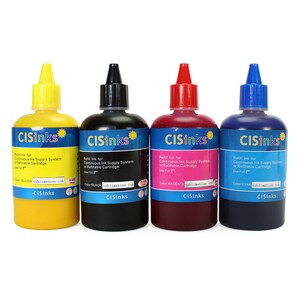 May include: Four bottles of sublimation ink for printers. The bottles are labeled with the colors yellow, black, magenta, and cyan. Each bottle has the text "CISinks" on the label.