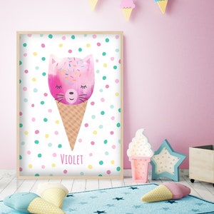 Cool Cat Ice Cream -  Personalised Ice Lolly, Popsicle Print, Girls Bedroom Wall Art, Nursery Poster, Playroom Decor