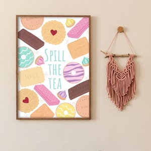 Spill The Tea - Cute Traditional English Biscuit Poster Print, Home Decor, Kitchen Wall Art