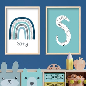 Boys Personalised Rainbow Set - Custom Name, Initial and Rainbow, Playroom Print, Nursery Decor