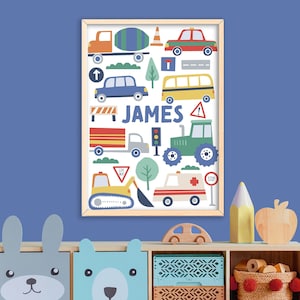 Lámina de transporte personalizada: lámina colorida para la sala de juegos, arte mural infantil, decoración para la sala de juegos infantil, póster para la habitación de los niños pequeños