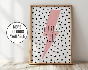 Girls Rule Print: Pink Lightning Bolt, Playroom Wall Art