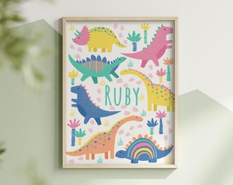 Personalised Dinosaurs - Girls Bedroom Wall Art, Custom Nursery Poster, Colourful Playroom Decor, Kids Poster