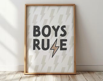 Boys Rule - Lightening Bolt, Boy's Bedroom, Kid's Nursery Print, Children's Playroom Poster