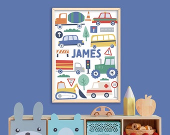 Personalised Transport Print - Colourful Playroom Print, Children’s Wall Art, Kid’s Playroom Decor, Toddler Nursery Poster