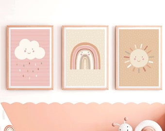 Rainbow, Cloud and Sunshine Set Of Three - Weather Playroom Prints, Children’s Wall Art, Kid’s Playroom Decor, Natural Neutral Colours