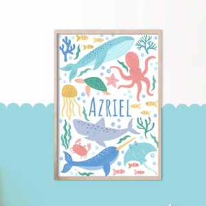 Sotto il mare - Decorazione murale per la camera da letto del bambino, poster personalizzato per la cameretta, decorazioni colorate per la sala giochi, poster personalizzato per bambini