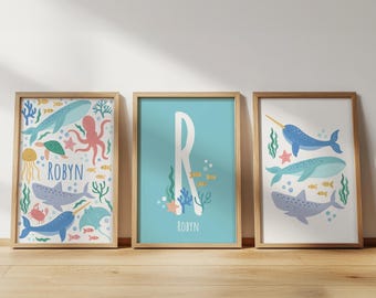 Personalised Under The Sea Print Set: Kids Nursery Wall Art