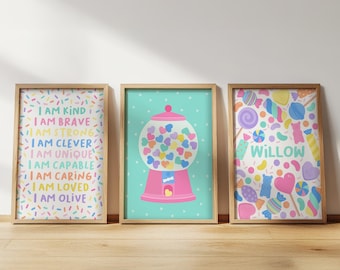 Personalised Sweets Affirmation Print Set: Kids Nursery, Playroom Wall Art
