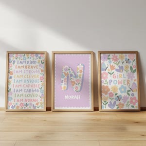 Floral Nursery Print Set: Personalised Name, Affirmation, Girl Power Art