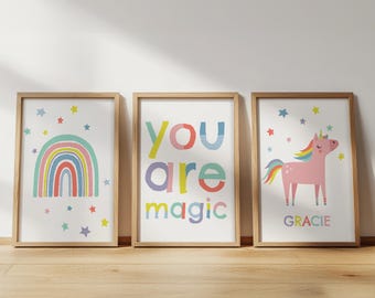 Rainbow Unicorn Nursery Prints: Personalised Girls Room Wall Art