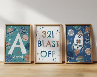 Conjunto de pôsteres personalizados com temas espaciais: Foguete, Planetas e Estrelas - Decoração para quarto infantil