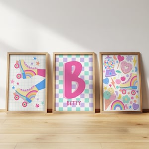 Retro Rollschuhe - bunte Kinderzimmer Drucke, Mädchen-Schlafzimmer Deko, Spielzimmer Wandkunst, personalisierte Name