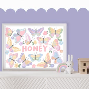 Personalised Butterfly Print - Children&#39;s Colourful Wall Art, Girls Bedroom Decor, Kids Playroom Print, Nature, Flowers, Butterflies