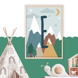 Stampa personalizzata Montagne - Decorazione murale per la cameretta dei bambini, stampa per la camera dei ragazzi, regalo personalizzato per bambini, decorazione per la sala giochi dei bambini